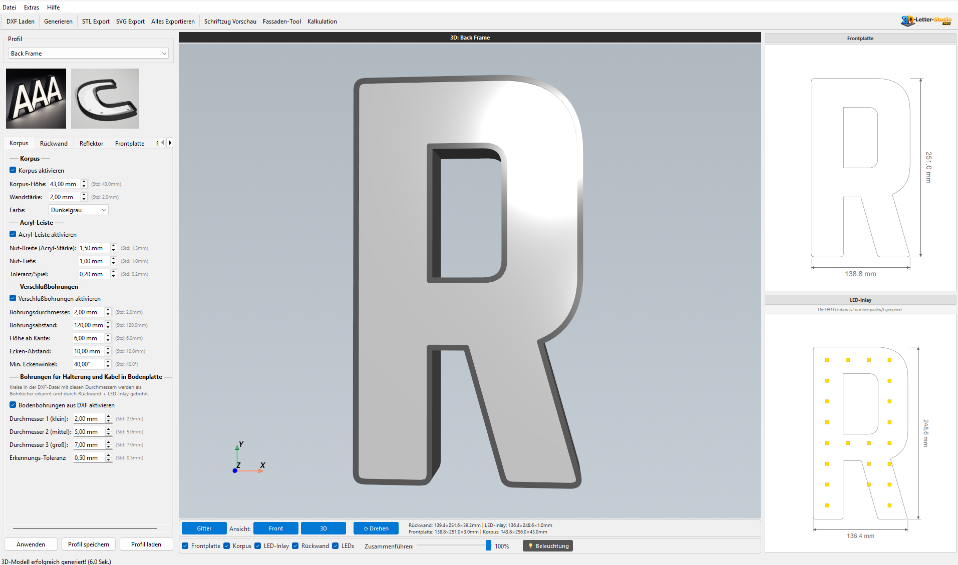 3D Letter Studio Pro – Hauptfenster mit 3D-Buchstabe für den 3D-Druck