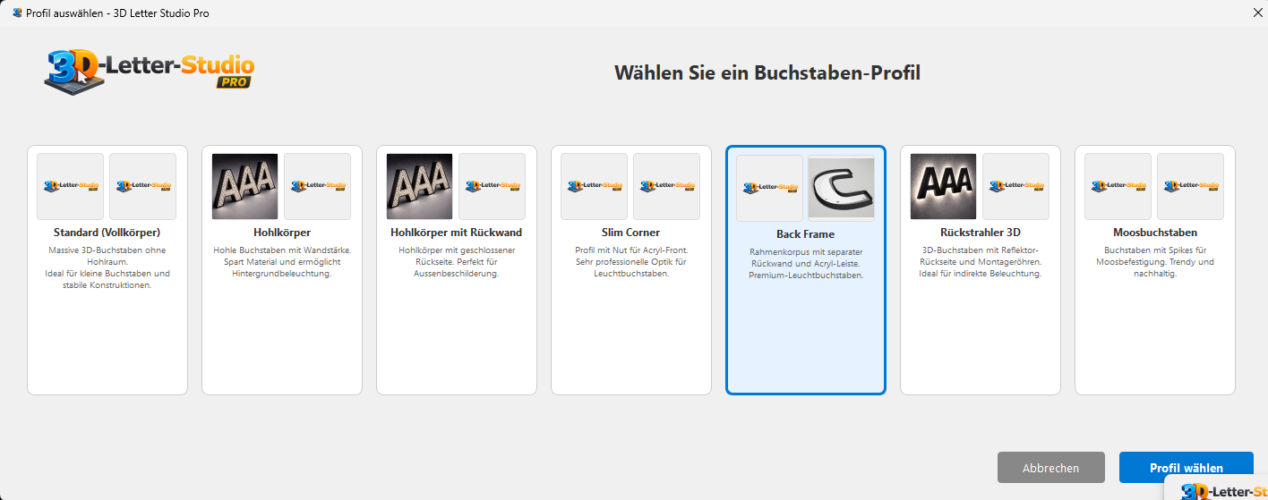 Profil-Auswahl in 3D Letter Studio Pro